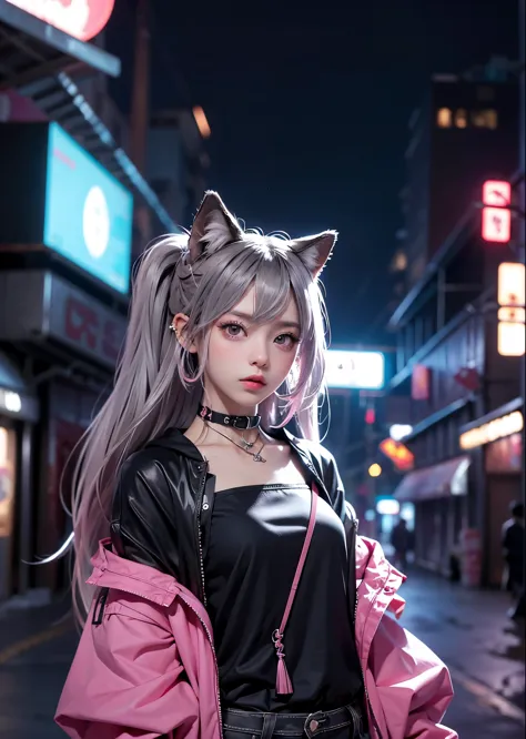 Wolf Girl、Silver long hair、Pink Cyberpunk Fashion、Gaze Here、Stand on the roof of a building、The lights of the industrial area be...