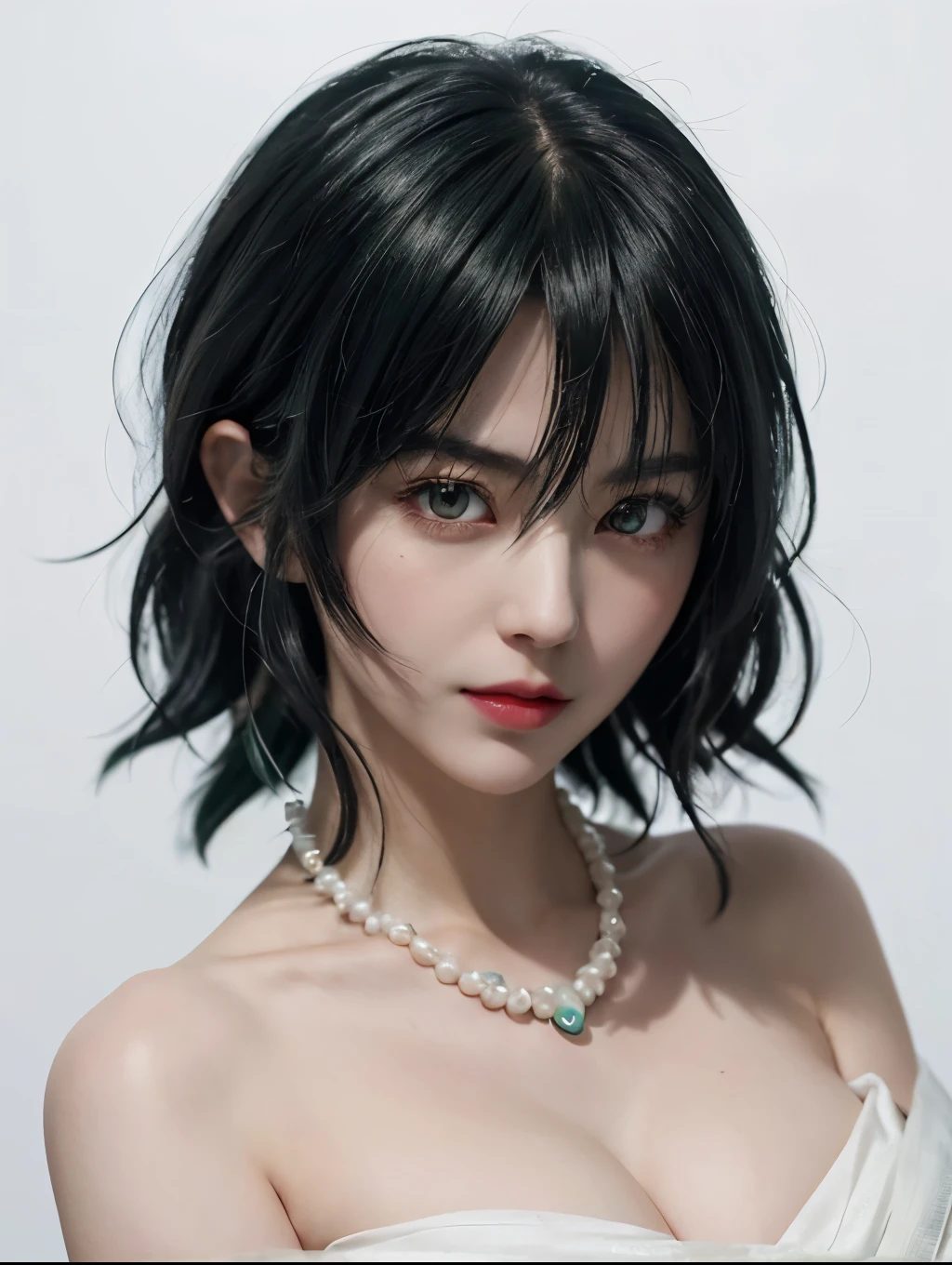 (((Fubuki)))from attack on Titan anime series,Mappa, white background , Green hairs, white shirt, pearl necklace, expressive eyes, tsundere happy look, , beautiful tsundere look,pale skin,red lips,
Clear white background, big breasts,beautiful big eyes , perfect composition 