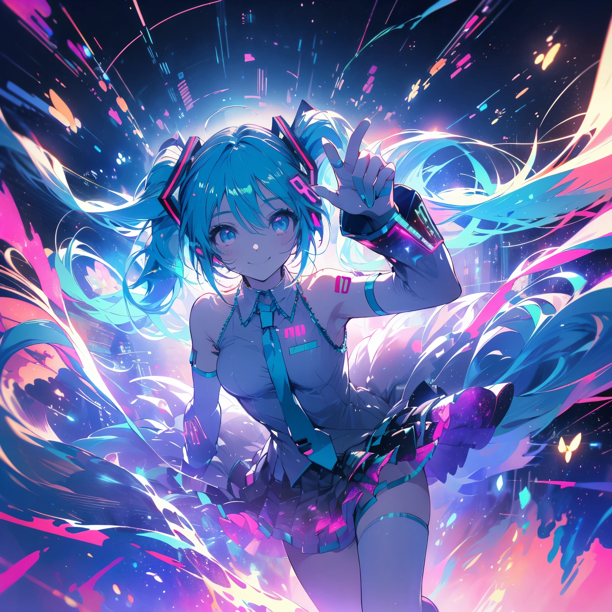 (((ウルトラHD　Hatsune miku　右足を伸ばす　左足を曲げる　輝く目　笑顔)))　((さみしい　光の粒子　光の筋　ポップミュージックのノート))　((銀河の果て　ジャンプ　光を浴びて))　(ネオンピンクとネオングリーンの光　輝くエッジ　輝く背景　夜　星空)