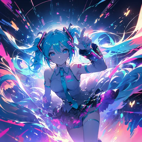 (((Ultra HD　Hatsune Miku　Stretch your right leg　Bend your left leg　Shining Eyes　smile)))　((Lonely　Particles of light　Streaks of ...