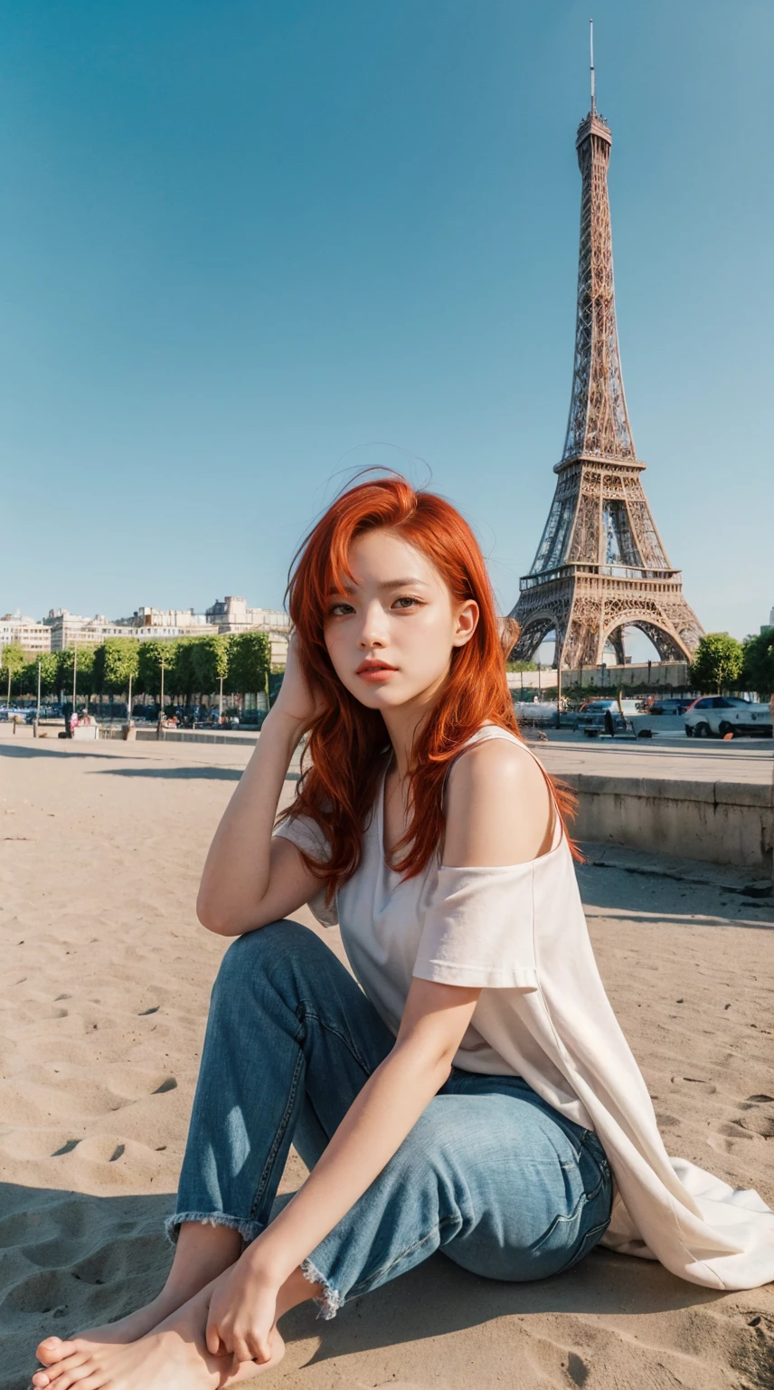 1 girl, sitting on the beach, frente, ((black eyes)), (((perfect eye))), (((redhead))), usando top curto e colado branco, short skinny jeans, in a stunning setting, torre eiffel on the ground in the background, beautiful city, fim de tarde, live lighting, cores vivas, (((no cars))), ((Eiffel tower))