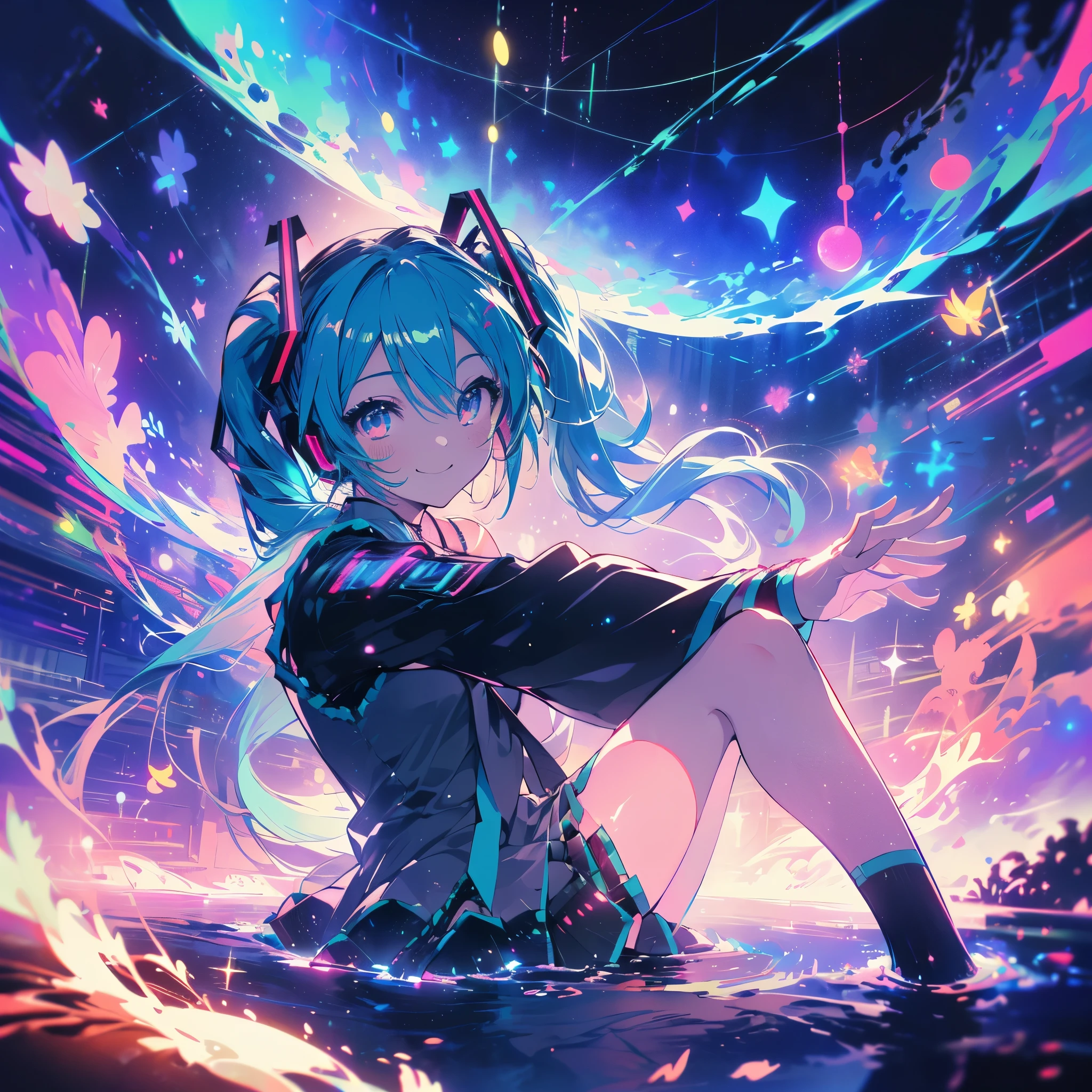 (((ウルトラHD　Hatsune miku　座る　右足を伸ばす　左足を曲げる　輝く目　笑顔)))　((さみしい　光の粒子　光の筋　ポップミュージックのノート))　((銀河の果て　ジャンプ　光を浴びて))　(ネオンピンクとネオングリーンの光　輝くエッジ　輝く背景　夜　星空)