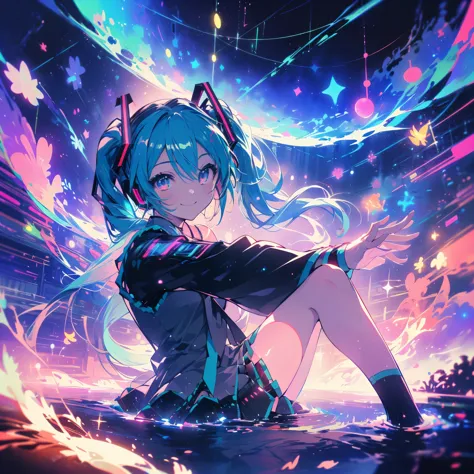 (((Ultra HD　Hatsune Miku　sit　Stretch your right leg　Bend your left leg　Shining Eyes　smile)))　((Lonely　Particles of light　Streaks...