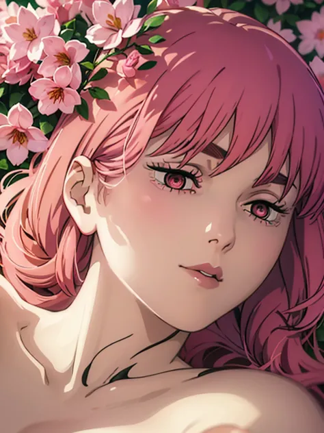 a woman lying surrounded by pink flowers,nude art , detailed face, beautiful eyes, detailed lips, long eyelashes, detailed skin,...