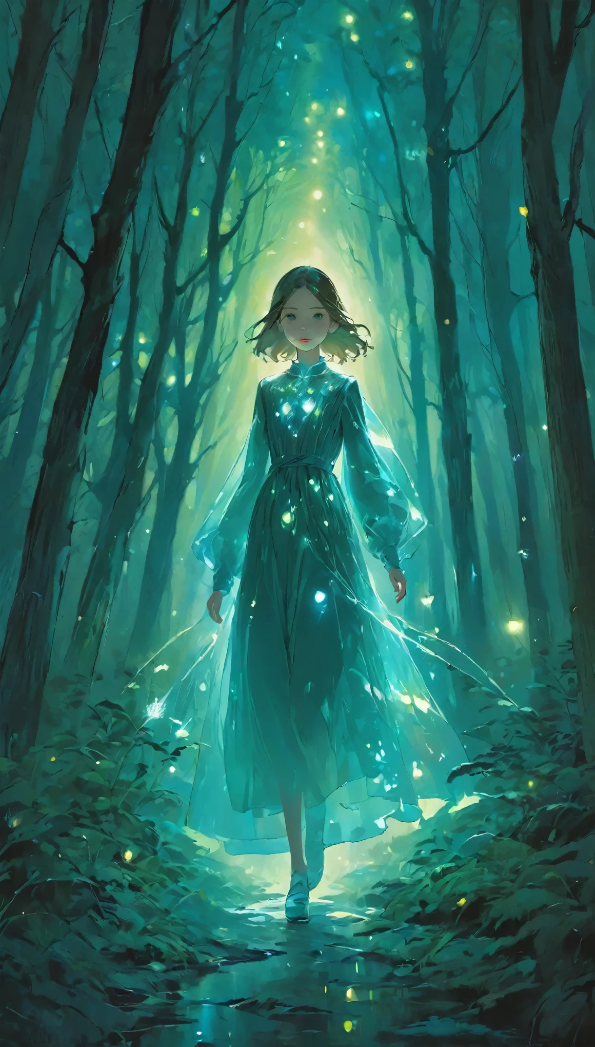 画像,在这幅奇幻的画作中,a girl with a translucent glowing 身体 wanders through a mysterious forest,周围充满奇怪的灯光,上_身体,昏暗的背景、无机背景、点亮