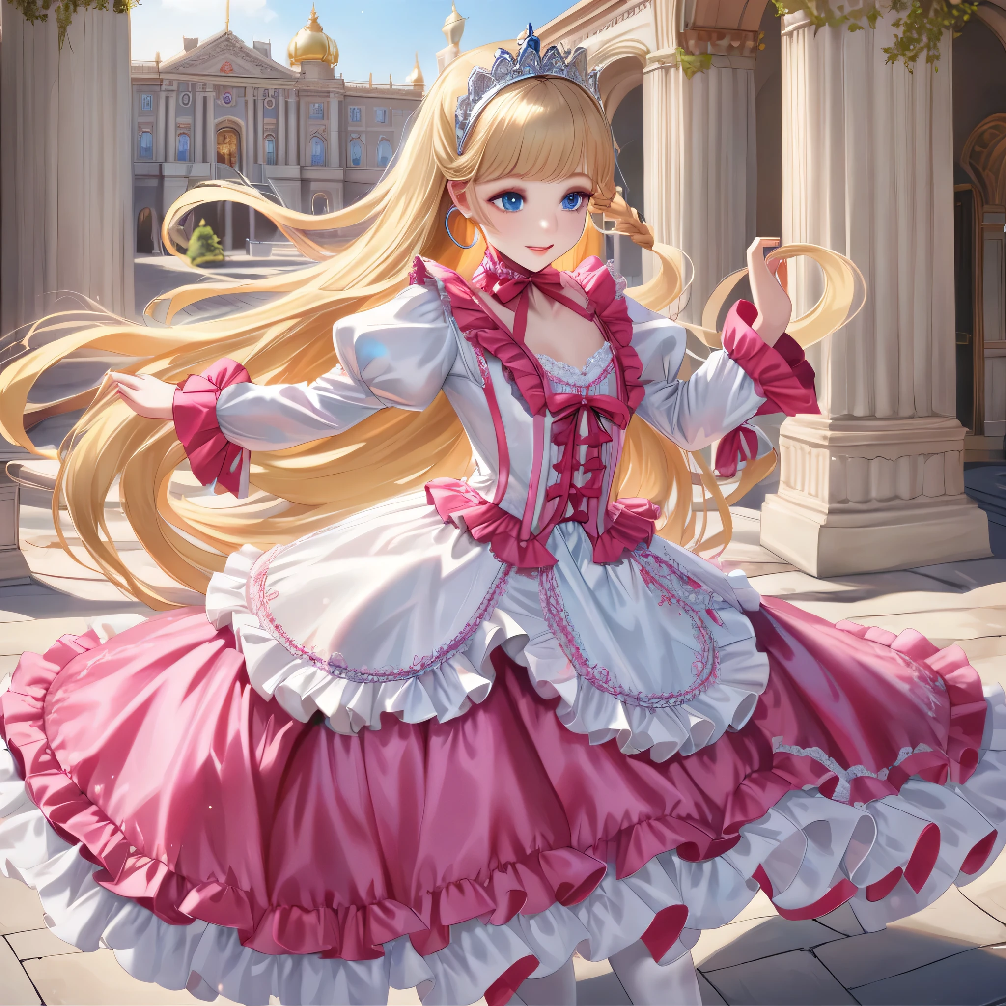 ,highest quality, masterpiece, highest resolution, artwork, 3K realistic photos,,((10 year old little girls)),Super detailed baby face,both are princesses,Full length ball gown dress with hoop skirt,ruffled yoke collar,Detailed braided ribbon on chest,puff sleeves,long sleeve,((Lolita style hot pink detailed princess satin dress、Comes with lots of frills and ribbons。)),shiny silk satin dress,soft and smooth silk satin fabric,luxury,Very long blonde hair,blue eyes,white skin european,pajamas,((Outside the palace)),Princess dancing happily,gorgeous flowing dress,fine white frills and lace,Super long hair that is as tall as your body,the princess is running