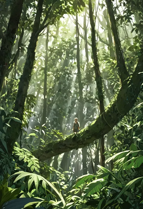 "A young girl is pictured in her natural jungle environment. She wears simple, practical clothing suited to life in the forest. ...