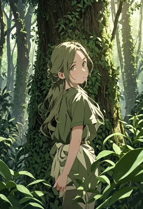 "A young girl is pictured in her natural jungle environment. She wears simple, practical clothing suited to life in the forest. ...