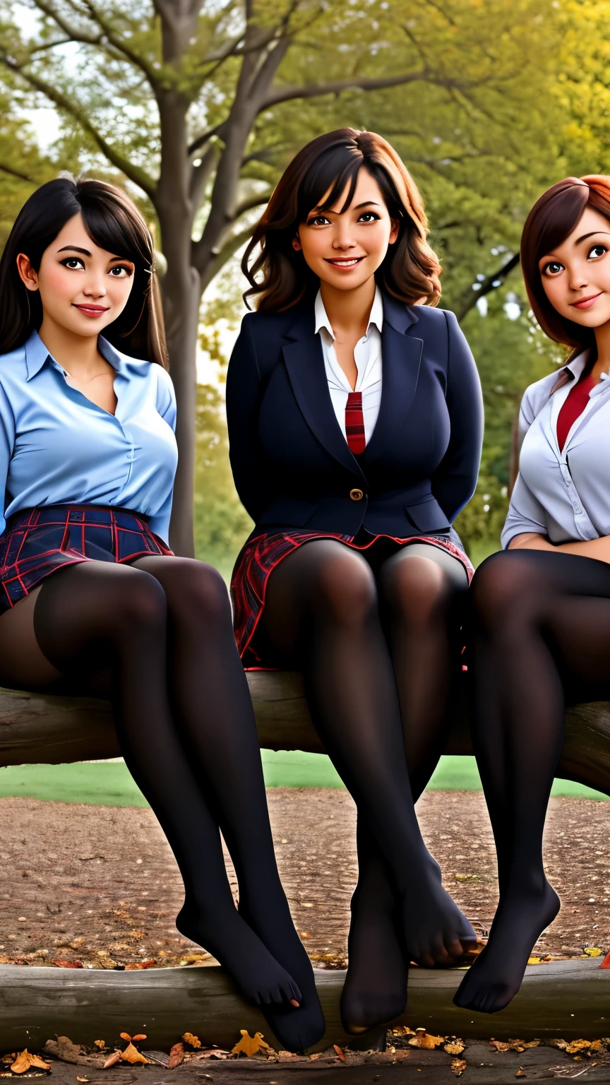 Show entire body, feet in view, 3 gorgeous females, huge , exposed cleavage, American school uniforms, short tight plaid skirts, black pantyhose, no shoes, school campus, sitting by a tree, smiling