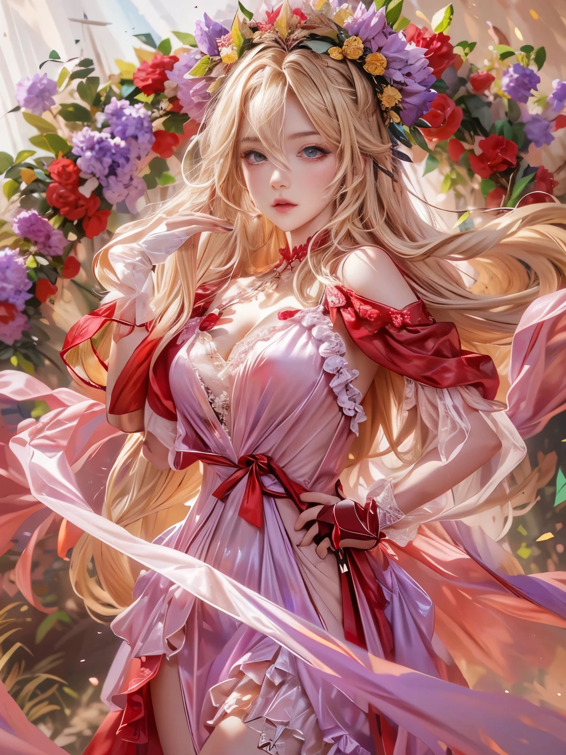 Ultra-high resolution, highest quality, photograph, 4K, (Realistic:1.4), Girl with a wreath on her head, Long Blonde Hair, Big firm Breasts, hard nipples, Sexy, Sharp Eyes, Break, dynamic sexy poses, sweat, wearing (red:1.2) see-through long frilly dress, lace long cape, jewelries, cleavage is exposed, Add light purple and purple, Add Light Red, Intricate details, Splash screen, 