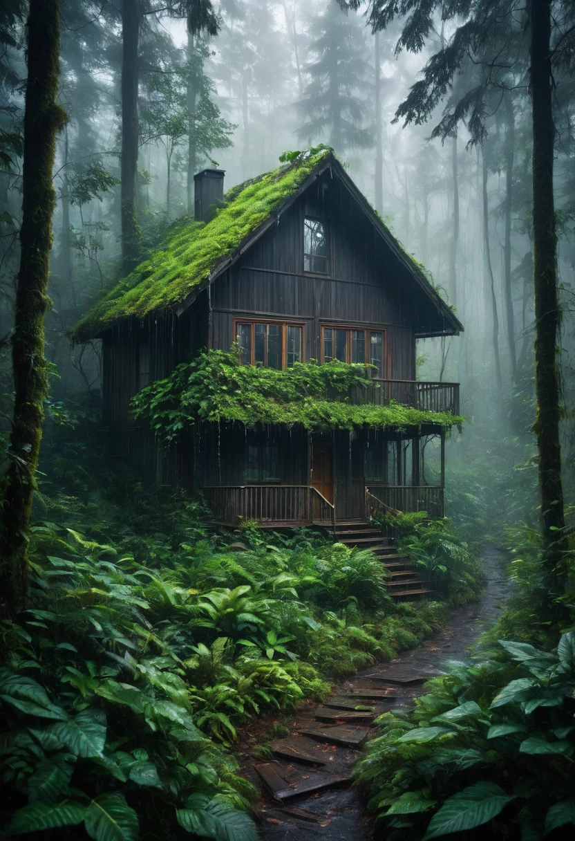 "Imagine a dense closed forest, with tall trees and dark leaves, covered by a thin layer of fog. The rain falls heavily on the forest, creating a wet and cool environment. Between the trees, there is a small wooden house, with a sloping roof and narrow windows. The house is surrounded by dense vegetation, with plants and shrubs growing around its walls. The environment is gloomy and silent, with only the sound of rain and the singing of birds breaking the silence. Describe the feeling of isolation and security that surrounds this small house, hidden in the dense forest and protected by rain."
