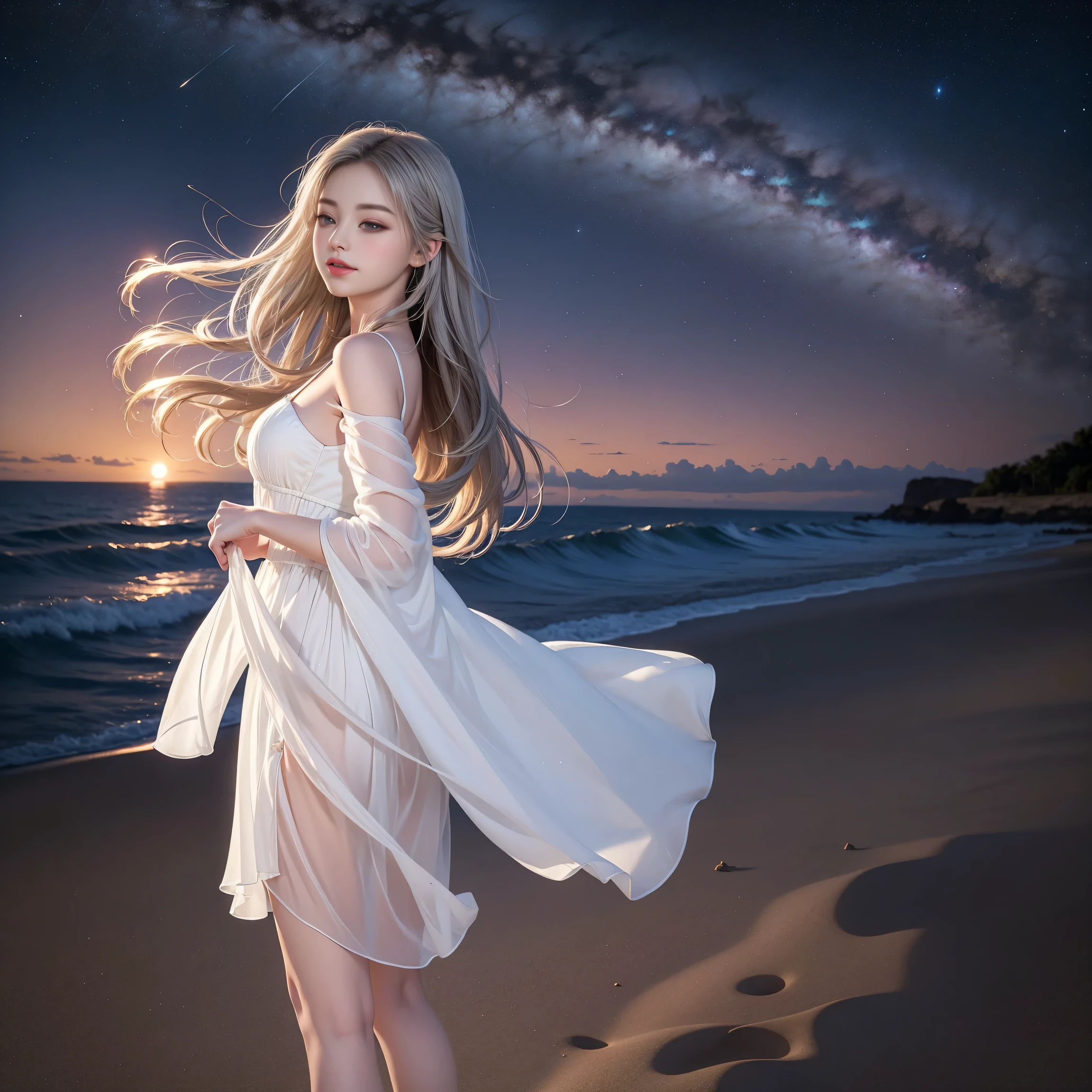 (The Milky Way Galaxy in the sky),((Girl walking on the beach at night))、((Rear view)),(Looking up),Best quality work，actual work，Ultra Premium Graphics，8K HD CG Works，High quality graphics，High-definition CG works，10x pixels，Extremely fine detail：1.1，Advanced Technical Details：1.1 Photorealistic，Starry Sky Gradient：1.5，Natural light：1.5. Light effects（virtual Light effects：1.8），Long silver hair（Hair fluttering in the wind）, Thin eyebrows，High nose, Nice red lips, Rose Cheeks, Modest makeup face , Cute Face, Perfectly balanced face，(A girl wearing），Light-colored foundations enhance the clarity of your skin..，（Her close your eyes)、Adds elegance and sophistication、Swaying with her movements。Her hair is casually tied back，Fix with hosta，A few strands of hair are swaying gently in the wind，Add a little softness、Charmed everyone&#39;Note、Grace、mystery、Full of power,()、（(close your eyes（）),Lift your head，Thick and long black hair，very elaborate body，Highly detailed face，highest quality、(P私NK Underwear),((Translucent white dress))、(smile)，Thick and long black hair，very elaborate body，Highly detailed face，highest quality,((The hem of the skirt is fluttering in the wind)),((Sexy pose)),(The Milky Way Galaxy in the sky),((The backlight makes the body lines look like a silhouette.)),((Just after sunset)),