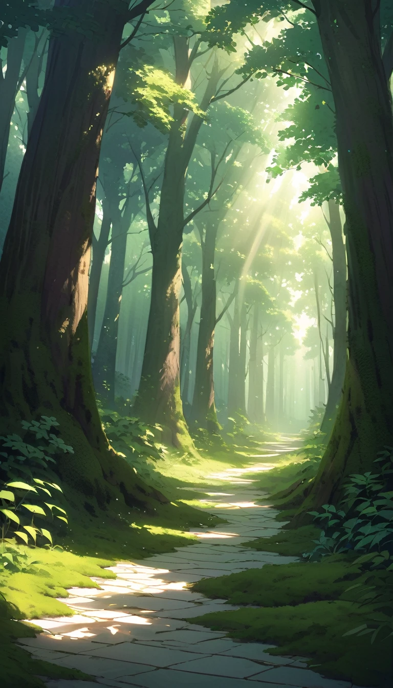 "A cinematic setting of a dense forest is portrayed with rich detail. The lush, dense vegetation creates an atmosphere of mystery and beauty. Tall, leafy trees intertwine to form a verdant canopy that filters sunlight, creating patterns of shadow and light on the moss-covered floor. The air is damp and filled with earthy, vegetal aromas. Sun filtered through the leaves creates a play of light and shadow, highlighting the texture of the leaves, branches and tree trunks. The scene conveys a feeling of serenity and connection with nature, inviting the viewer to get lost in the beauty of the forest."