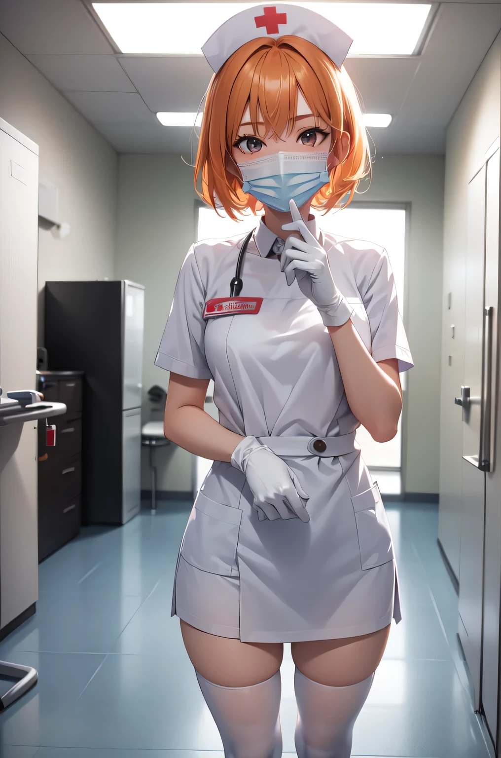 1girl, solo, nurse, nurse cap, white nurse uniform, ((white legwear, zettai ryouiki)), white gloves, very short hair, orange hair, ((white surgical mask, covered nose)), standing, ((hospital room)), sharp outline, short sleeves, tomboy, boyish, best quality, masterpiece