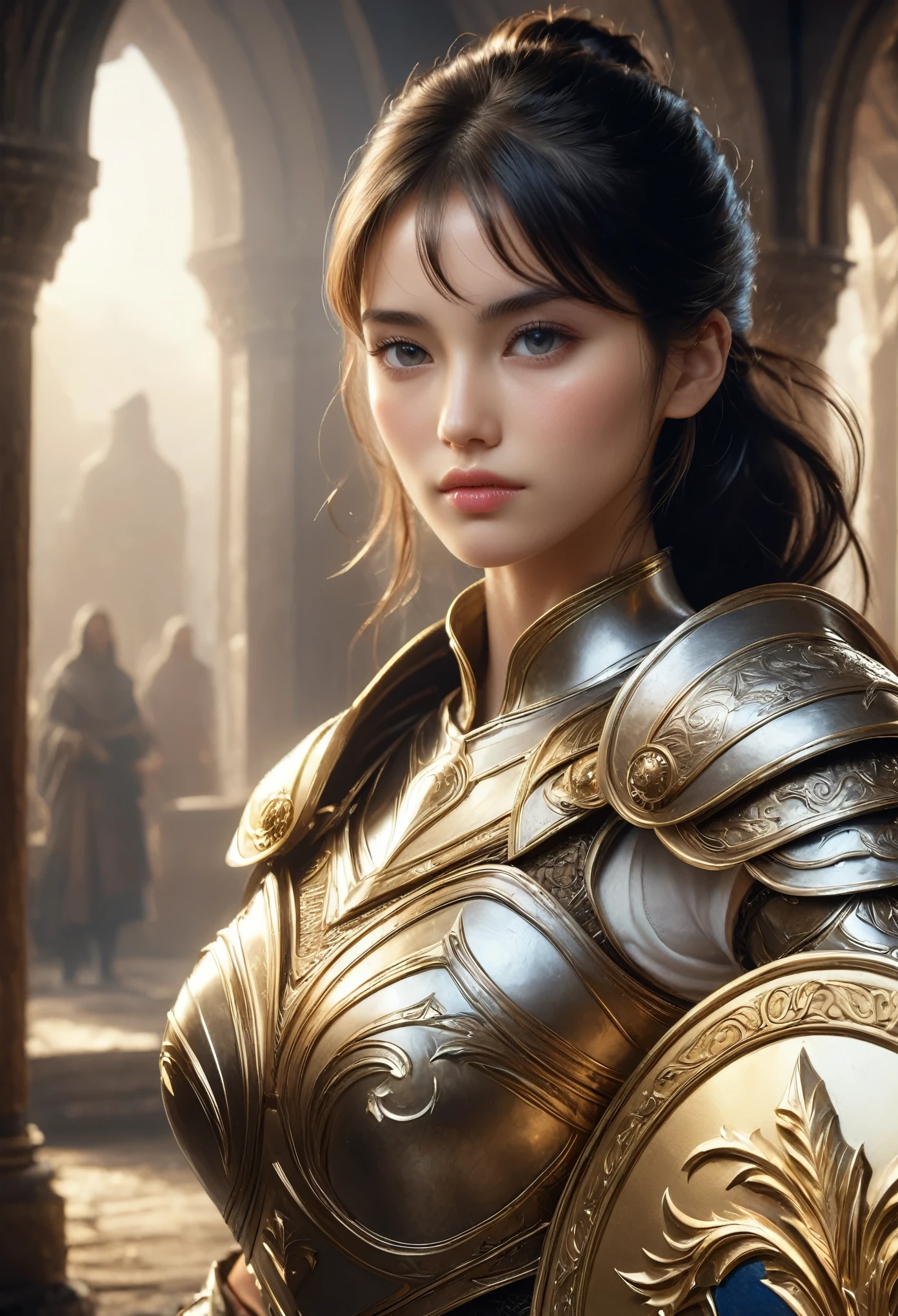 (best quality,4k,8k,highres,masterpiece:1.2),ultra-detailed,(Ultra-realistic, photorealistic,photo-realistic:1.37), the most beautiful girl in the universe, (holding a white and golden shield:1.5), (detailed shield:1.4), toned, muscular, the most beautiful face, long eyelashes, detailed beautiful eyes, high nose, knight, medieval, fantasy, heroic, dramatic lighting, cinematic, epic, vibrant colors, highly detailed, 4k, photorealistic, concept art, pretty, detailed beautiful eyes, bun hair, jet black hair, whole body, full body, Beautiful jeweled buckle, Well-trained thick muscular thighs, super detailed skin texture, moist skin, Eyes that hide a burning determination, Intricately designed armour bordered with intricate carvings