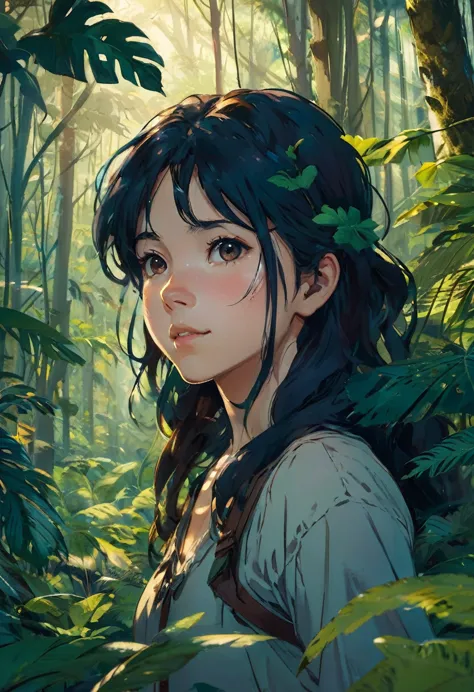"A young girl is pictured in her natural jungle environment. She wears simple, practical clothing suited to life in the forest. ...