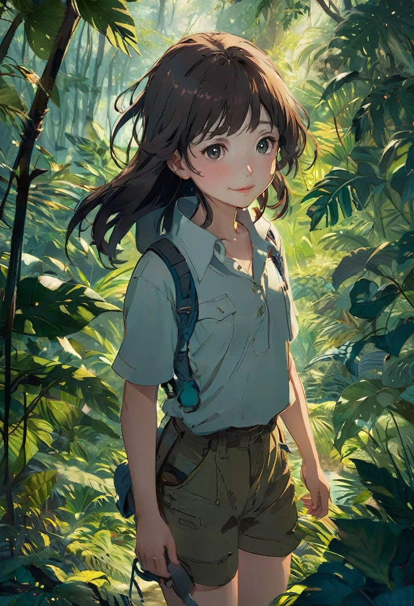 "A young girl is pictured in her natural jungle environment. She wears simple, practical clothing suited to life in the forest. Her hair is loose and disheveled, showing a connection with nature. The girl exudes an expression of determination and confidence, reflecting its adaptation to the wild environment. The lush vegetation around highlights its serene and harmonious presence with the jungle. The light filtered through the treetops creates a play of shadows and lights, adding depth and mystery to the scene."