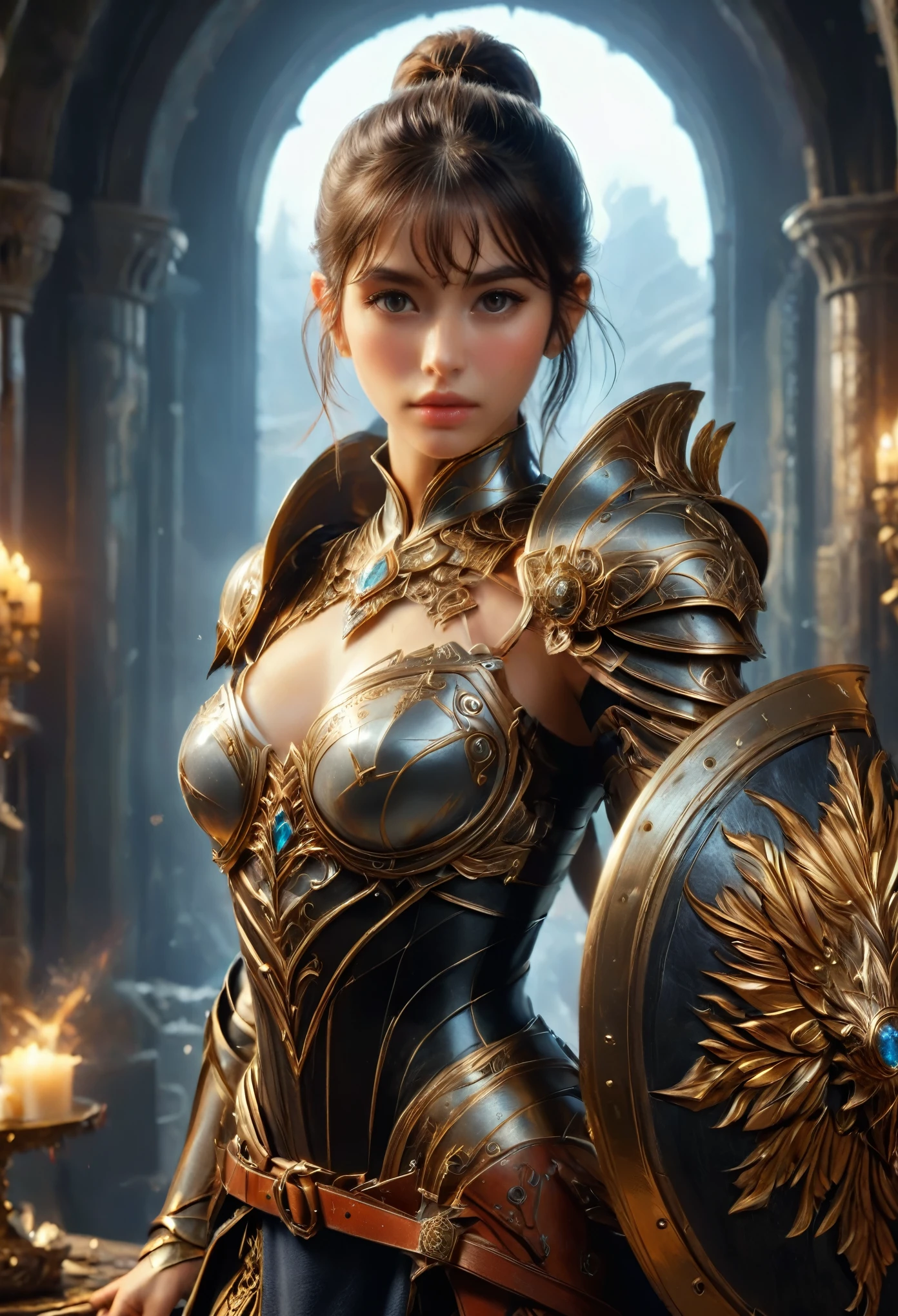 (best quality,4k,8k,highres,masterpiece:1.2),ultra-detailed,(Ultra-realistic, photorealistic,photo-realistic:1.37), the most beautiful girl in the universe, (holding a white and golden shield:1.5), (detailed shield:1.4), toned, muscular, the most beautiful face, long eyelashes, detailed beautiful eyes, high nose, knight, medieval, fantasy, heroic, dramatic lighting, cinematic, epic, vibrant colors, highly detailed, 4k, photorealistic, concept art, pretty, detailed beautiful eyes, bun hair, jet black hair, whole body, full body, Beautiful jeweled buckle, (Well-trained thick muscular thighs:1.4), super detailed skin texture, moist skin, Eyes that hide a burning determination, Intricately designed armor bordered with intricate carvings, Intricately and fractal designed armor bordered with delicate carvings. Beautiful armor studded with Beautiful jewels. (transparent armor:1.3)