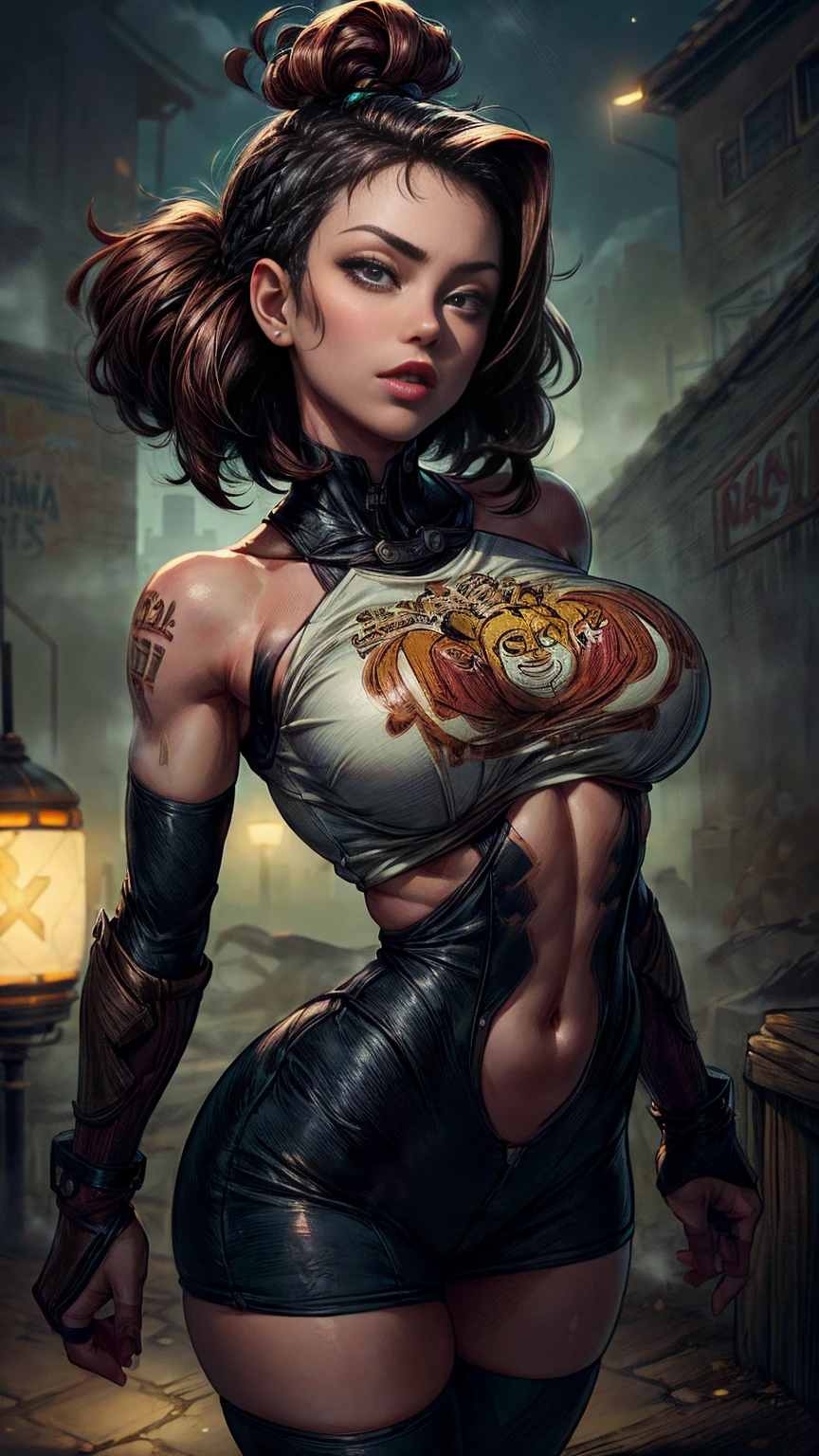 Ultra-realistic CG K ,((premium、8k、32k、Masterpiece、NFFSW:1.3)), (superfine illustration)、(super high resolution), (((adult body))), (((1 girl in))), ((( short hair bob ))), 25 year old cyberpunk gladiator with perfect body, Shoulder pads with metal spikes., Gladiadores in Brooklyn, (( short hair bob )), Torn rugby team t-shirt, Almost naked in the wild urban style of Simon Bisley, short blonde hair, minimal clothing, Metallic protection on the left arm with complex graphics...., Dark red with white stars and blue and white stripes.,(( dynamic action pose:1.5)), armor, Full of spikes and rivets., poison tattoo (((Image from the knee up))), short white blonde hair, In the background、 There is a wall with an intricate design painted by Shepard Fairey....