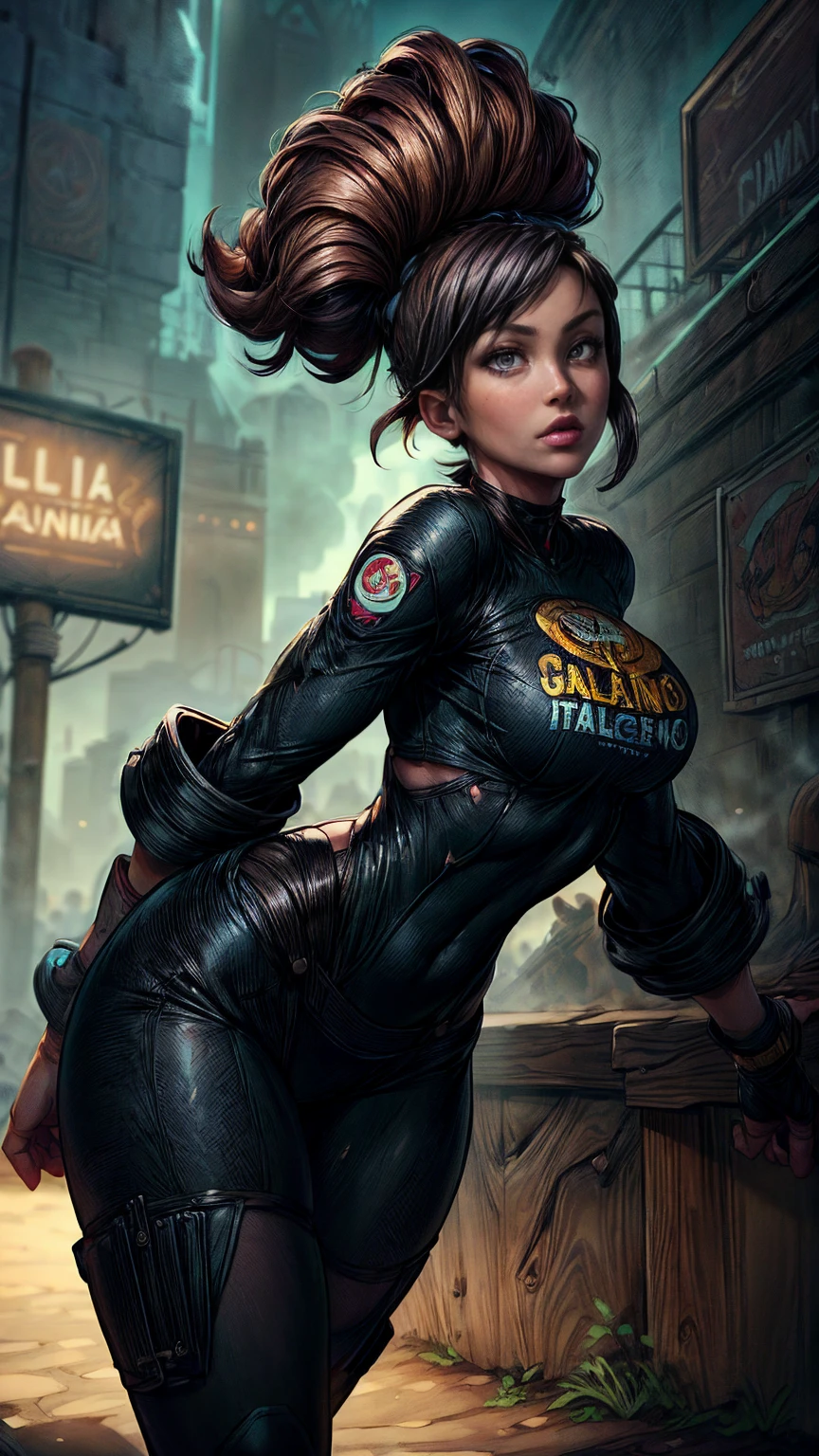 CG K ultrarrealista ,((de primera calidad、8K、32K、Obra maestra、nffsw:1.3)), (superfine illustration)、(super high resolution), (((cuerpo adulto))), (((1 chica en))), ((( bob de pelo corto ))), 25 year old cyberpunk gladiator with perfect body, Hombreras con espinas de metal., Gladiadores in Brooklyn, (( bob de pelo corto )), Camiseta del equipo de rugby rota, Casi desnudo al estilo urbano salvaje de Simon Bisley, pelo rubio corto, ropa minima, Metallic protection on the left arm with complex graphics...., Rojo oscuro con estrellas blancas y rayas azules y blancas.,(( dynamic action pose:1.5)), armadura, Lleno de puntas y remaches., Tatuaje de veneno (((Imagen desde la rodilla hacia arriba))), pelo rubio blanco corto, En el fondo、 There is a wall with an intricate design painted by Shepard Fairey....