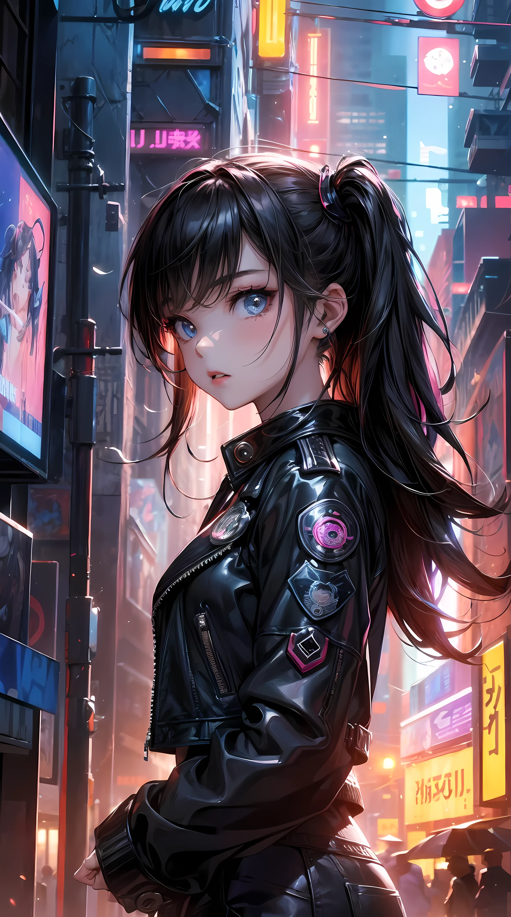 Portrait von emb-haiz, hübsches Gesicht, Cyberpunk city by night. Sie trug eine Lederjacke,Unterwäsche,  schwarze Jeans, dramatische Beleuchtung, (Abzeichen:1.2).