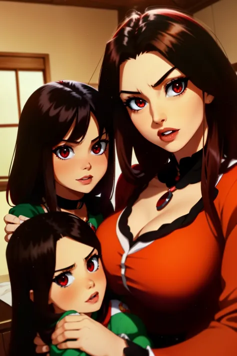 Megumin have black hair, red Eyes) with her little daugheters: Esmeralda have brown hair , red eyes). Ruby have Red Hair, green ...