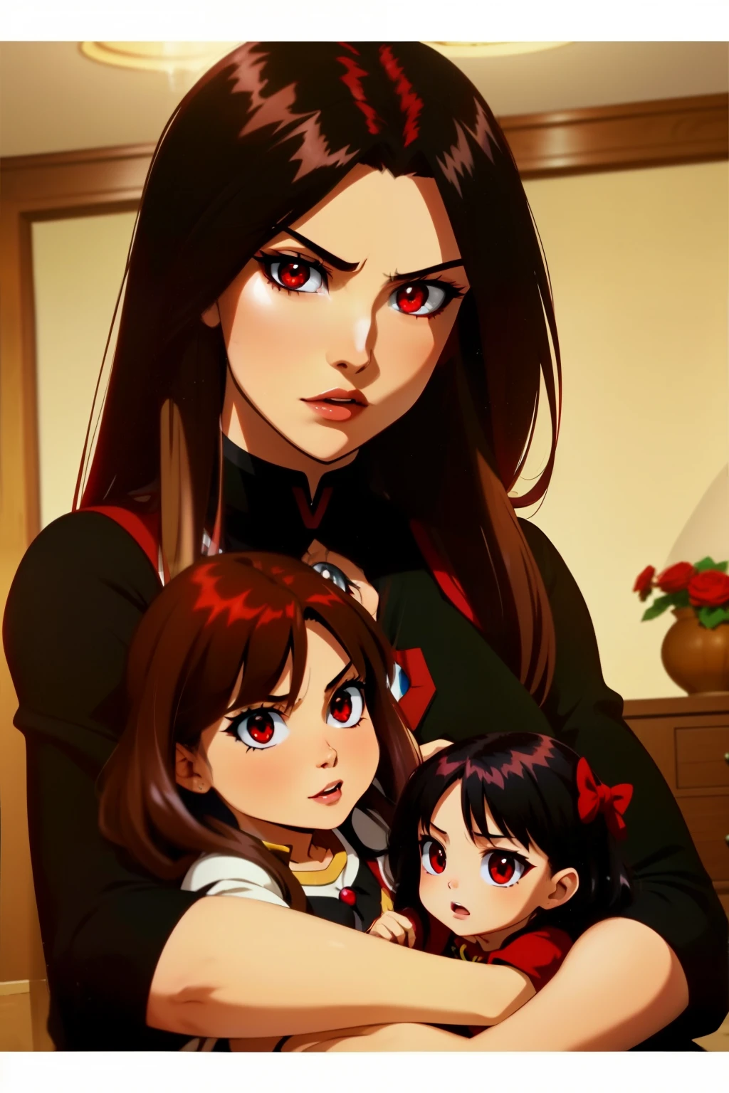 Megumin have black hair, red Eyes) with her little daugheters: Esmeralda have brown hair , red eyes). Ruby have Red Hair, green eyes), Aria Rose have Black hair, blu eyes)