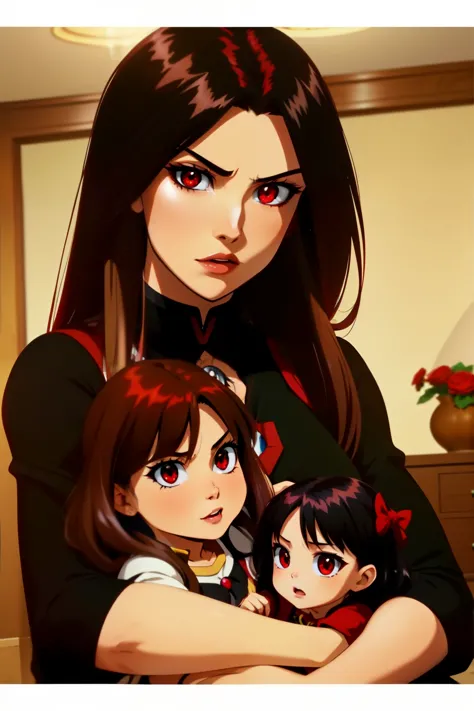 Megumin have black hair, red Eyes) with her little daugheters: Esmeralda have brown hair , red eyes). Ruby have Red Hair, green ...