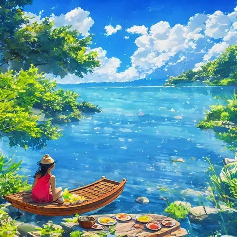 (masterpiece, best quality:1.2), blue sky, ocean鸥，ocean, lake, wooden boat，green water, trees, tent, wooden table,   pretty girl...