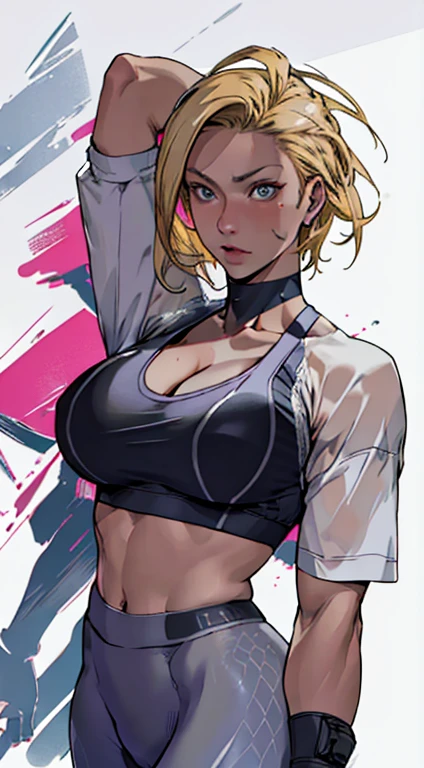 Masterwork, Best Quality, ultra-detailed, dynamic lighting, photo-realistic, a close up of a woman with a blonde hair and a sport bra top, yoga pants, gigantic breasts, sexy body, Curvy, huge cleavage