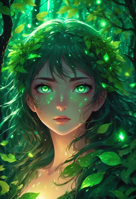 anime girl with green eyes in the dark surrounded by leaves, green glowing eyes, with glowing eyes, magical glowing eyes, anime ...