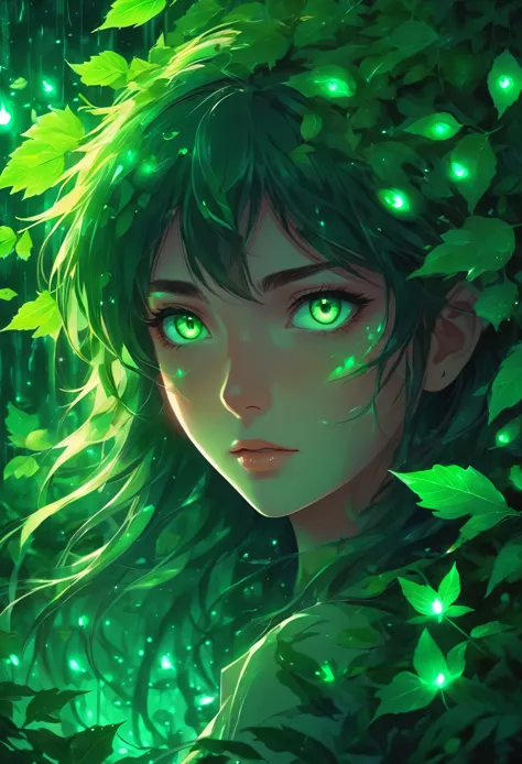 anime girl with green eyes in the dark surrounded by leaves, green glowing eyes, with glowing eyes, magical glowing eyes, anime ...