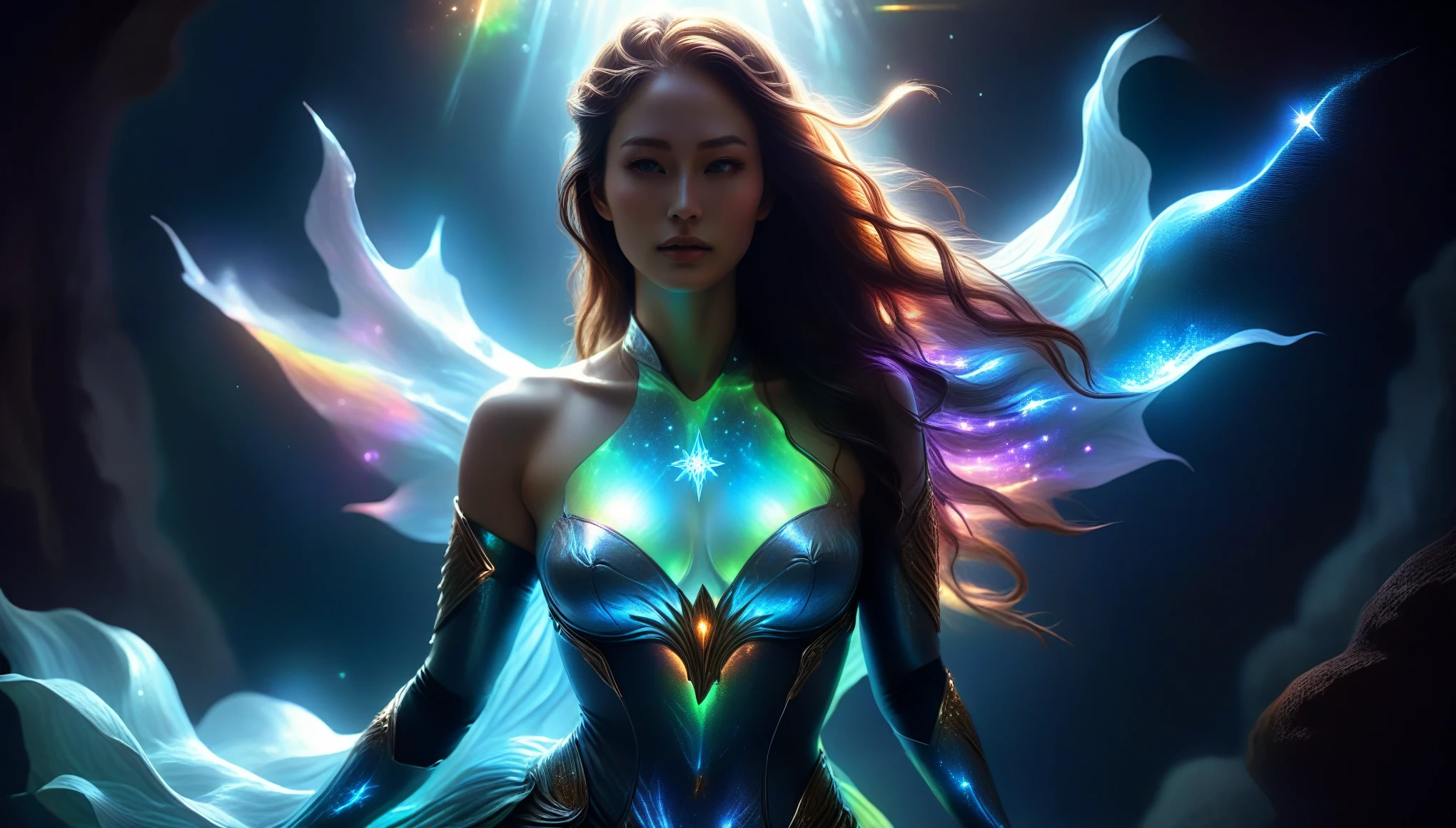 woman, long hair, sunlight, gigantic breasts, iridescent dress, glowing stars, A digital illustration, glowing stars, defraction spikes, chromatic aberration, bloom AND (glowing, holofoil:0.6), a beautiful fantasy empress, guweiz, ruan jia and artgerm, beautiful fantasy maiden, japanese goddess, It was empty inside and she didn't even wear a bra, When she moved her body, her two fat and white breasts swayed left and right, Under the friction with her clothes, her two lotus seed-sized nipples actually stood up, making her clothes bulge out by two pointed,