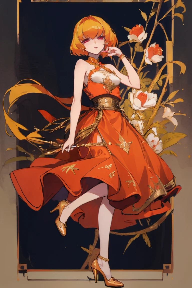 ((highest quality)), ((masterpiece)), (be familiar with),Clementine,Overload,nsfw,Sleeveless dress,Gold embroidery,High heels,Fascinating,Long skirt