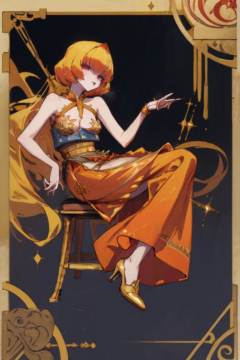 ((highest quality)), ((masterpiece)), (be familiar with),Clementine,Overload,nsfw,Sleeveless dress,Gold embroidery,High heels,Fascinating,Long skirt