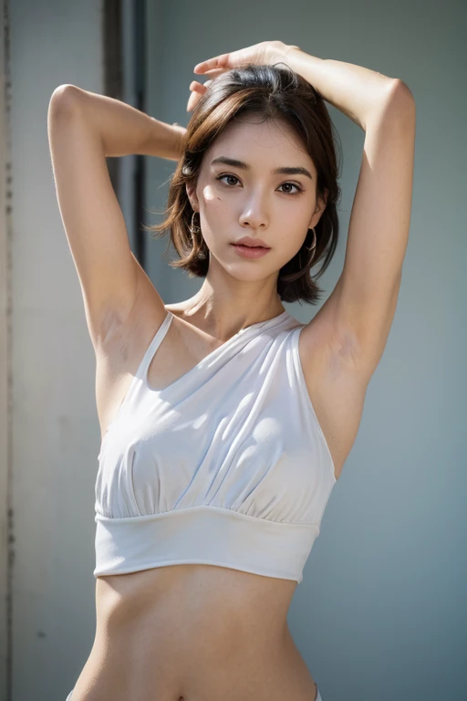 ((Show underarms、Armpit、Detailed armpit wrinkles、Raise your hands to show your armpits))、top-quality, (reallistic:1.3), (Reality, Hyper-Realism:1.2), 1girl in, a white girl, (​masterpiece), Convoluted (high details), Detail skin, Short:1.2, (high details:1.1), NSFW, HighDynamicRange, (beauitful face), Hillez, Directional writing, sharp focus,Slender body, thin body, (Curve:1.1), full body,bsp