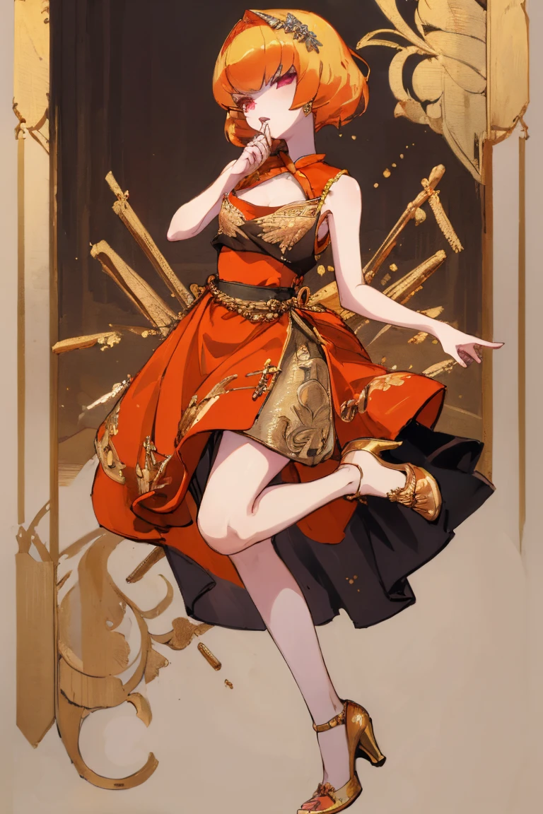 ((highest quality)), ((masterpiece)), (be familiar with),Clementine,Overload,nsfw,Sleeveless dress,Gold embroidery,High heels,Fascinating,Long skirt