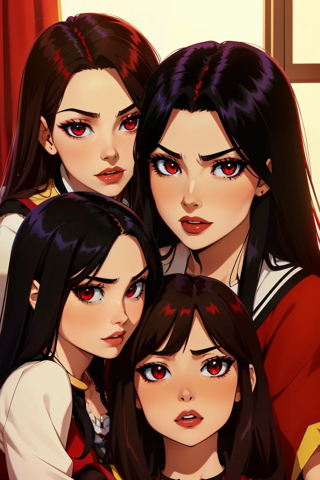 Megumin have black hair, red Eyes) with her 3 little daugheters Esmeralda, Ariarose and Ruby: Esmeralda have brown hair , red eyes). Ruby have Red Hair, green eyes), AriaRose have Black hair, blu eyes)

