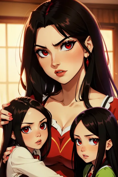 Megumin have black hair, red Eyes) with her 3 little daugheters Esmeralda, Ariarose and Ruby: Esmeralda have brown hair , red ey...