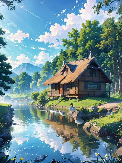 a cottage in front of a beautiful riverside, lush green meadow, blue sky with fluffy white clouds, (best quality,4k,8k,highres,m...