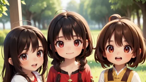 Archmage Megumin (Megumin have black hair, red Eyes) with her 3 teenage daughters apprentice archimages Esmeralda have brown hai...