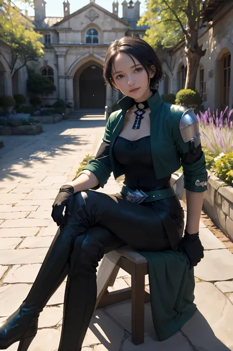 masterpiece, best quality, defshamir, collar, shoulder pad, black shirt, black gloves, bodice, green jacket, green belt, black p...