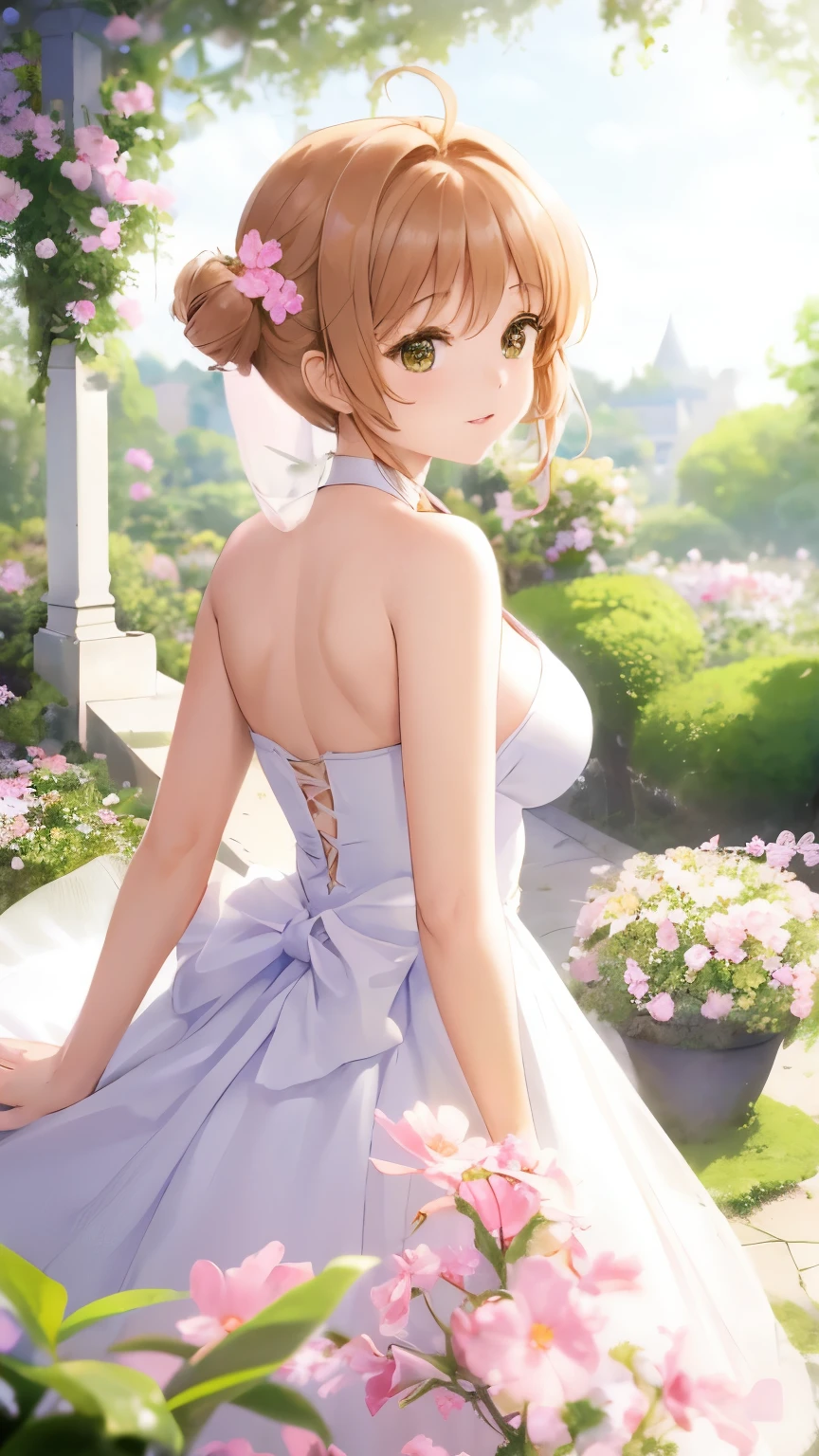 Delicate Composition, hyper detailed, best quality, blurry foreground, dynamic view, 1 girl, (seductive smile:0.6), solo, large breasts, hair in takes, beautiful detailed garden, fluttered detailed petal, grow, white fishnets, kinomoto sakura, standing, (looking back at viewer