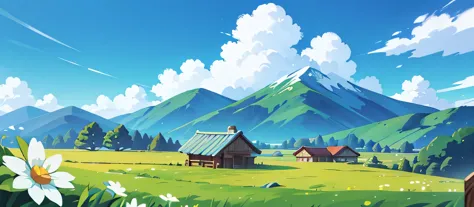 Cartoon comics，sun、Blue sky、White Cloud、Mountain、Small Flower、Earthy field path，Don&#39;t have characters