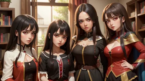 Archmage Megumin (Megumin have black hair, red Eyes) with her 3 teenage daughters apprentice archimages Esmeralda have brown hai...