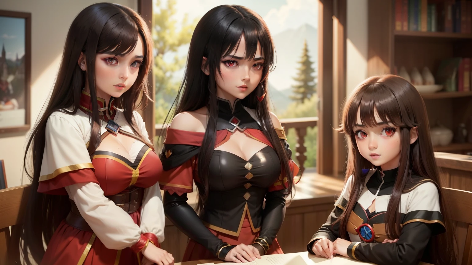 Archmage Megumin (Megumin have black hair, red Eyes) with her 3 teenage daughters apprentice archimages Esmeralda have brown hair , red eyes, Ruby have Red Hair, green eyes , AriaRose have Black hair, blu eyes, and othes apprentices