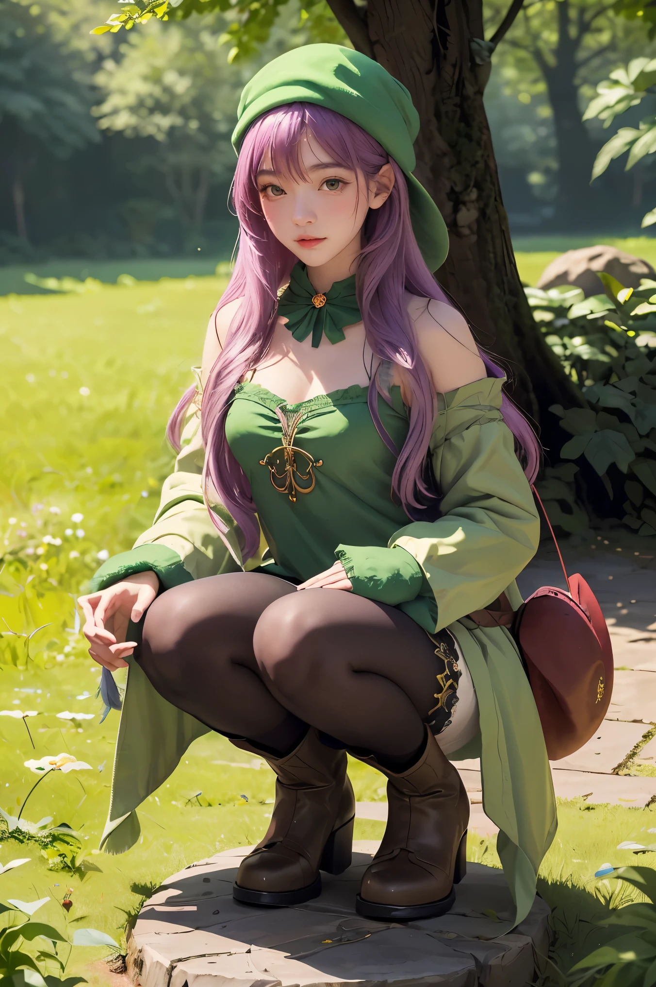 best quality, (masterpiece:1.2), illustration, absurdres,  (1girl, solo), (beautiful detailed girl),, Aeolia, lilac hair, long hair, red eyes, medium breasts,, happy, cheerful,, green hat, hat with feather ornament, green dress, green coat, (fantasy:1.1) (medieval:1.1) outfit, (black_pantyhose:1.1), white shirt, brown shorts, fleece lined boots, brown boots,, magical forest, flowers, fairy ring, ancient ruins, stone ruins, lake, sky, clouds