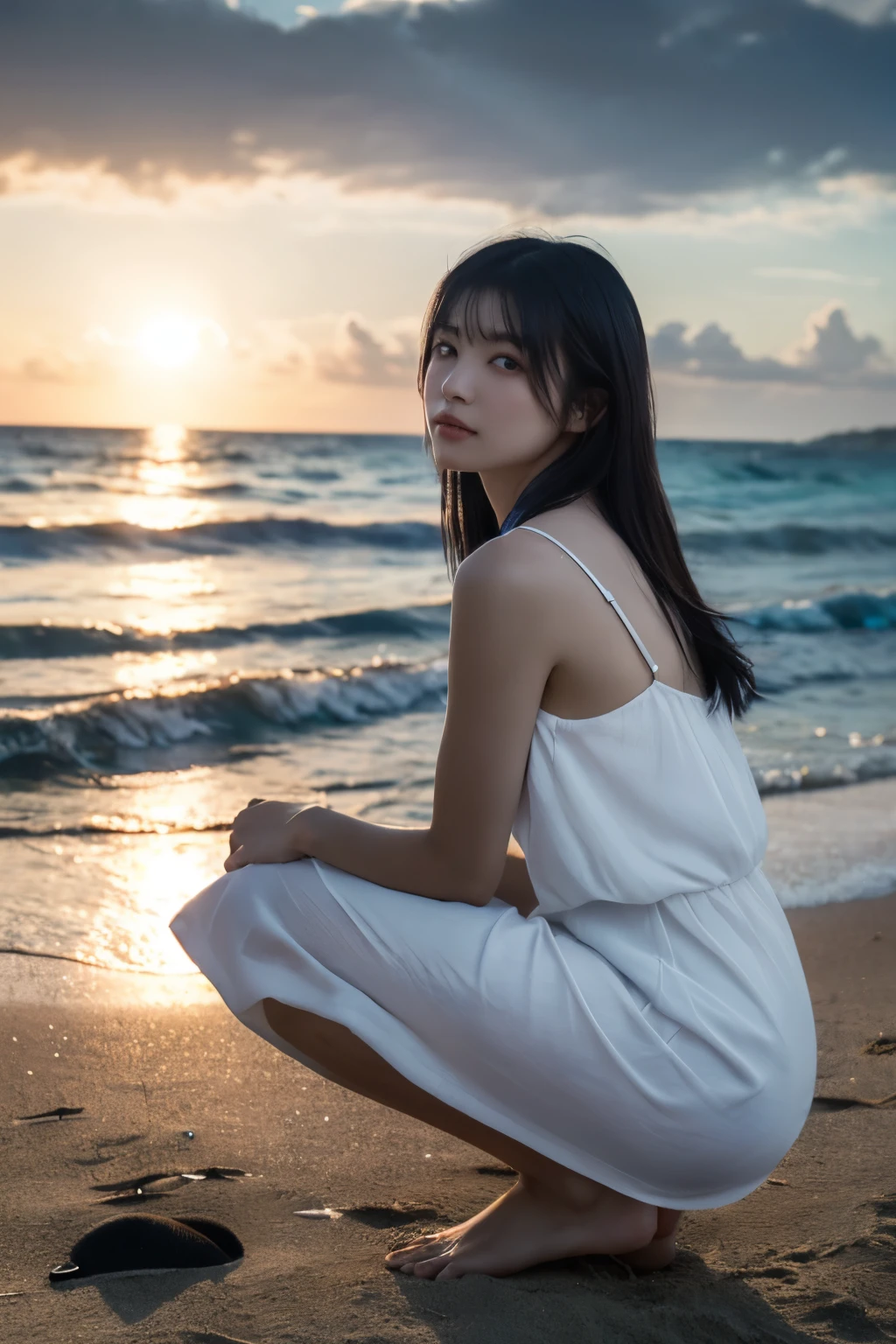 1 girl, (Wear a clean white summer dress:1.3), Very beautiful Japanese idol portraits, 
(RAW Photos, highest quality), (Realistic, Realistic:1.4), (masterpiece), 
Very delicate and beautiful, Very detailed, 2k wallpaper, wonderful, finely, Very detailed CG Unity 8K 壁紙, Very detailed, High resolution, Soft Light, 
Beautiful detailed girl, Very detailed目と顔, Beautiful and sophisticated nose, finelyて美しい目, Cinema Lighting, 
(Fashion magazine photography:1.3), (Sunset at sea), (The deep indigo of the night sky contrasts with the last vestiges of crimson near the horizon.:1.3), (Dark Background), (Swaying Waves), 
(Semi-long hair), (The girl is squatting on the beach:1.4), (Silhouette of a girl),
Complete Anatomy, Slender body, Small breasts