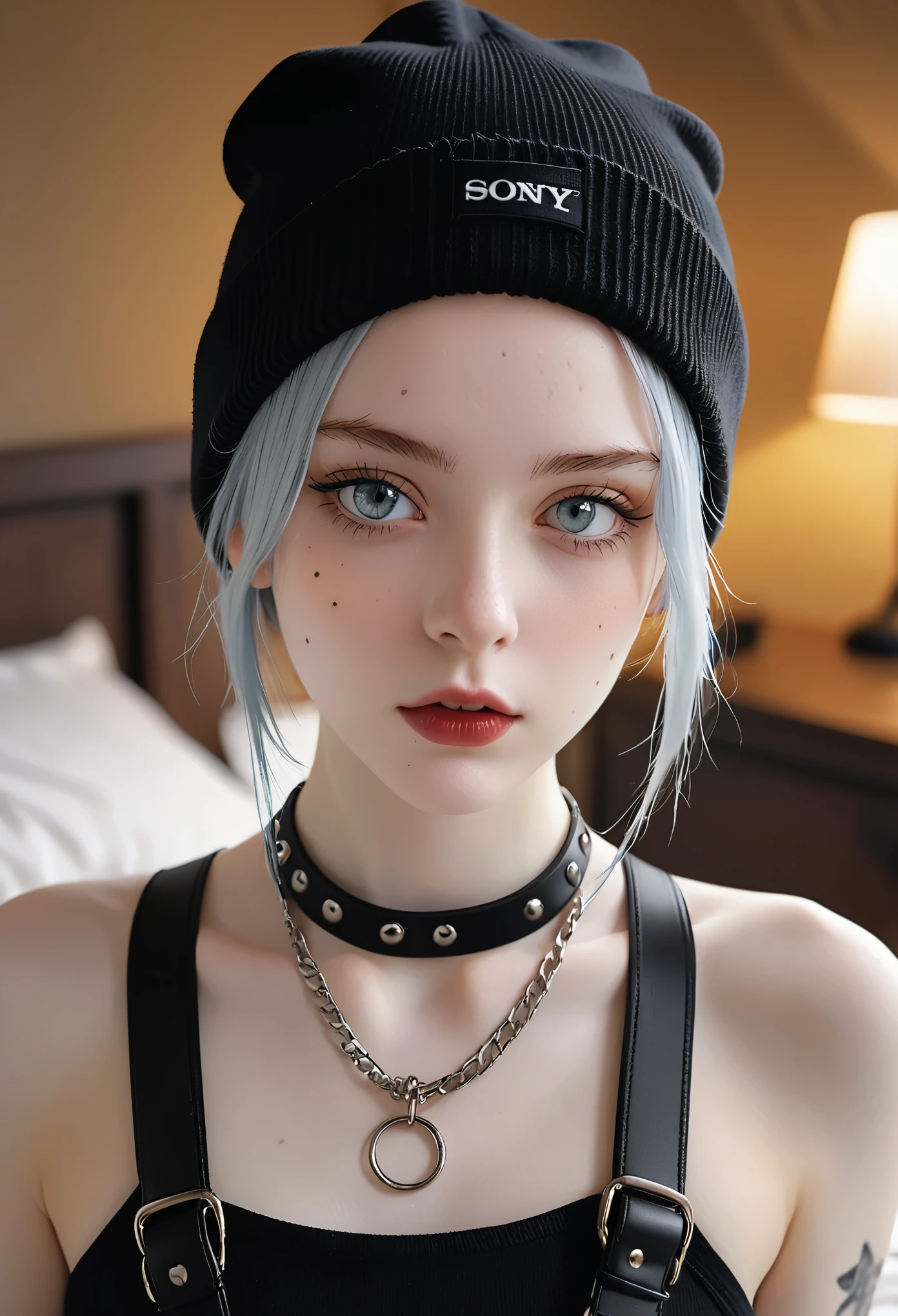 xxmixgirl,Thorough, analog style, eye focus, highest quality, (highly detailed skin), photo of a exquisitely beautiful pale skin punk Dutch girl, 21yo, (wearing harness, and beanie), perfect face, alluring eyes, [seductive makeup], skin pores, (piercing:0.5), indoor, messy bedroom, (bokeh:0.6), sharp focus, dappled lighting, (backlighting:0.7), film grain, photographed on a Sony A7R IV, 18mm F/1.7 cine lens, (highly detailed, intricately detailed), 8k, HDR, seductively posing, front view, (uppper body:0.9)