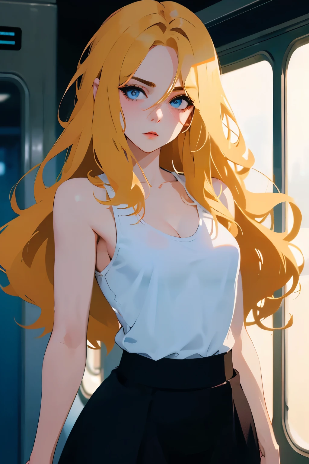 Masterpiece (Best Quality: 1.2), (Super Fine: 1.2) Create a striking image of a  woman with blonde hair and blue eyes. She has a small figure (small breasts: 1) with prominent buttocks, and she's in a black skirt and a loose white tank top. She is standing confidently inside a train.